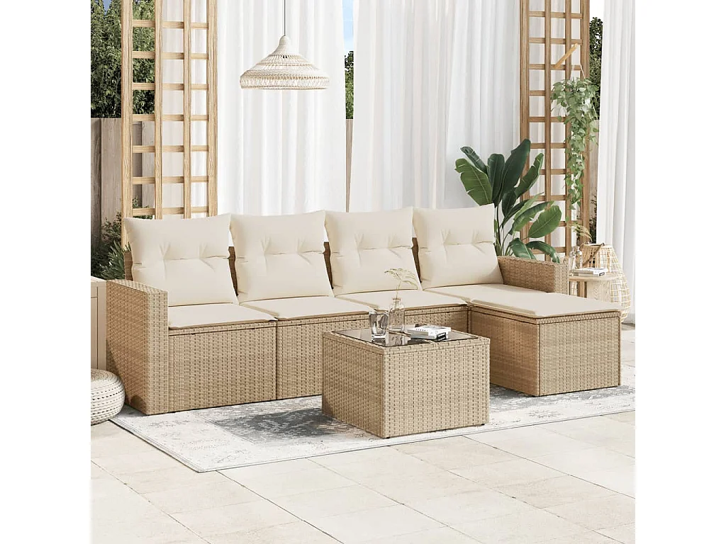 Mobile da giardino con cuscini 6 pz in resina intrecciata beige