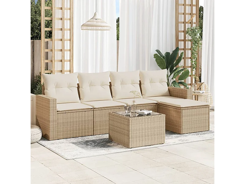 Mobile da giardino con cuscini 6 pz in resina intrecciata beige