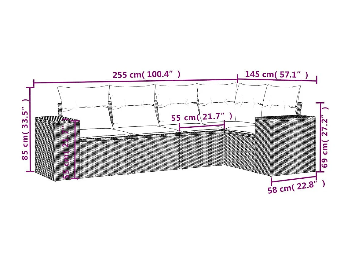 Salon de jardin avec coussins 5 pcs beige résine tressée