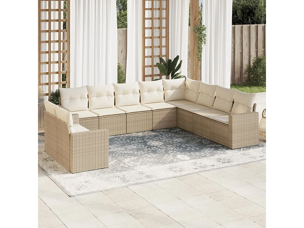 Mobile da giardino con cuscini 10 pz in resina intrecciata beige