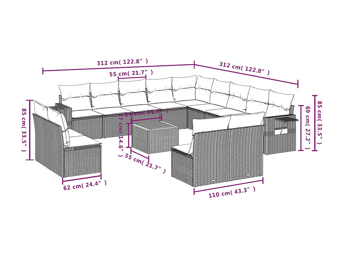 Muebles de jardín con cojines 14 piezas resina tejida beige