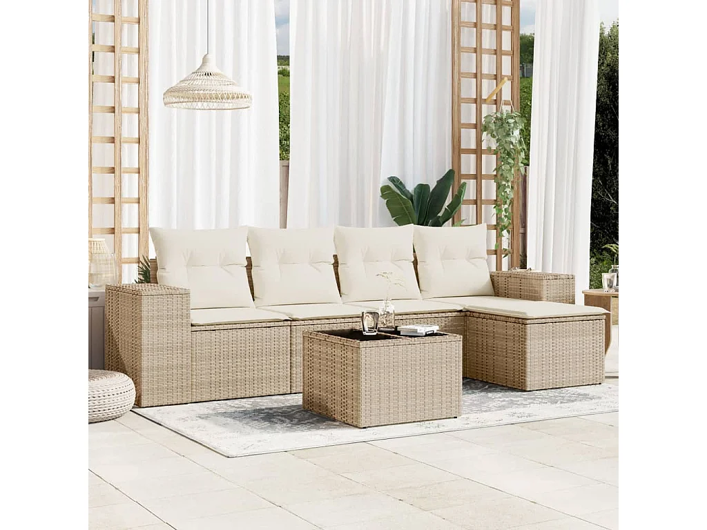 Salon de jardin avec coussins 6 pcs beige résine tressée