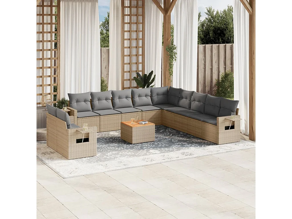 Salon de jardin avec coussins 12 pcs beige résine tressée