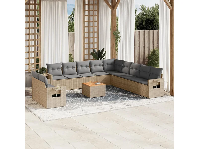 Salon de jardin avec coussins 12 pcs beige résine tressée
