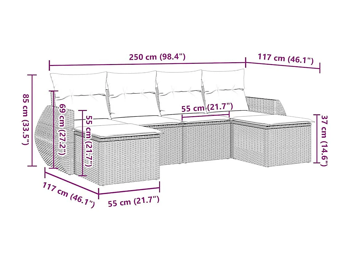 Mobili da giardino 6 pezzi con cuscini in resina intrecciata grigio chiaro