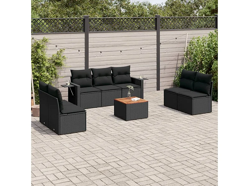 Salon de jardin 8 pcs avec coussins noir résine tressée