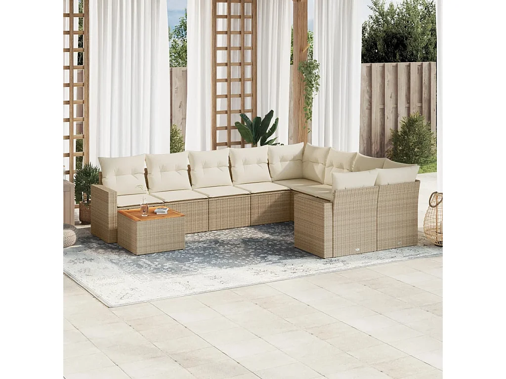Mobile da giardino con cuscini 10 pz in resina intrecciata beige