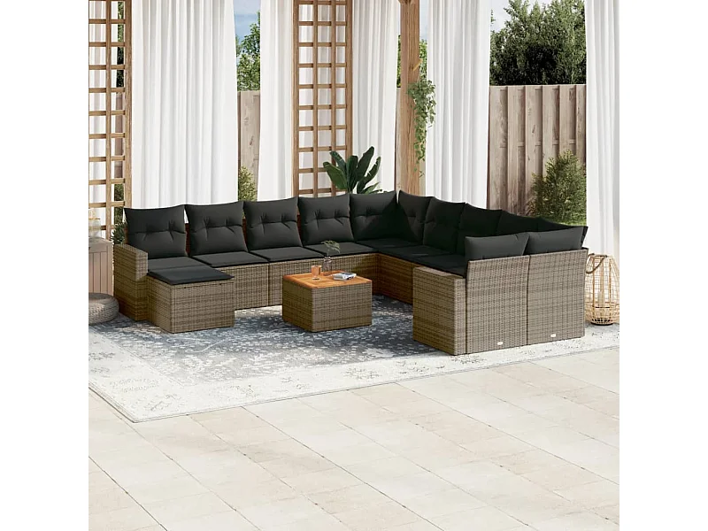 Salon de jardin avec coussins 12 pcs gris résine tressée