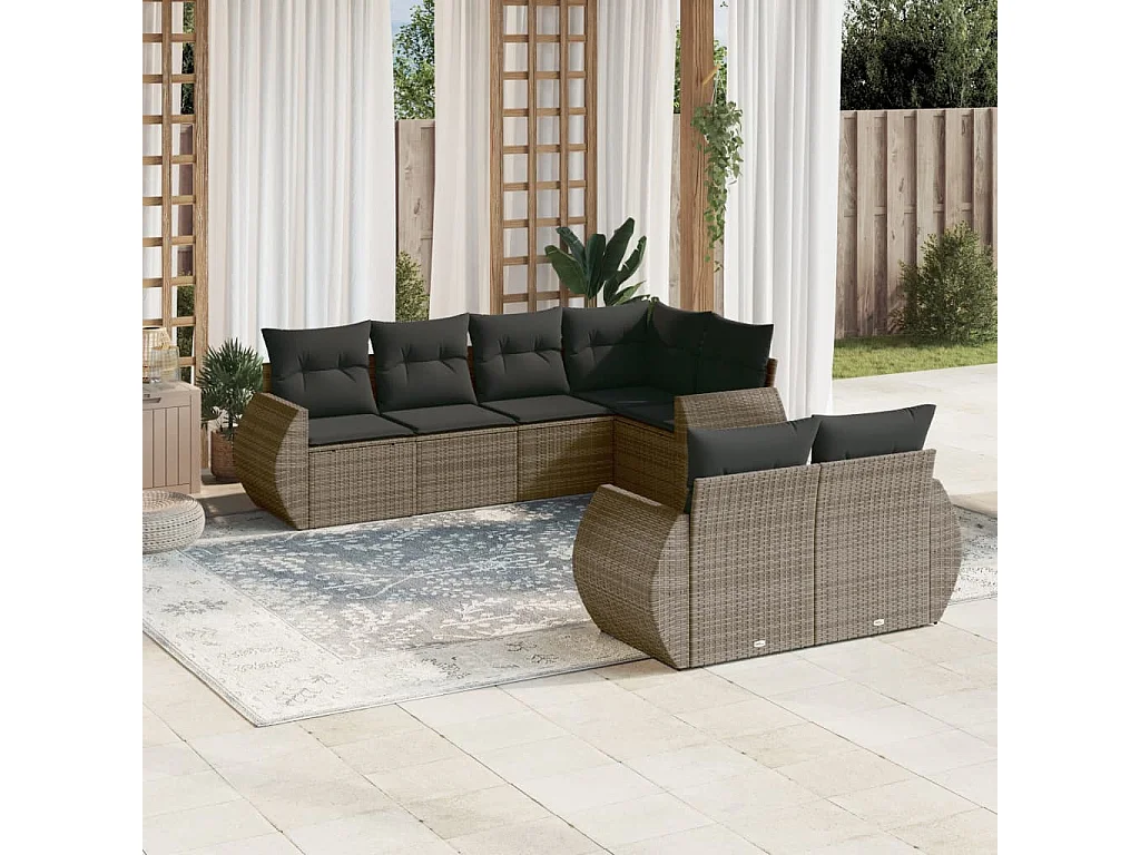 Muebles de jardín con cojines 7 piezas resina tejida gris.