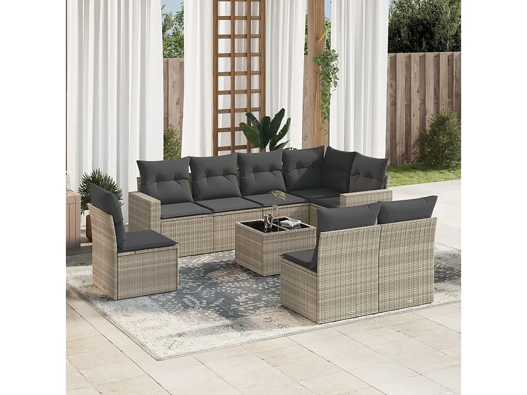 Salon de jardin 9 pcs avec coussins gris clair résine tressée
