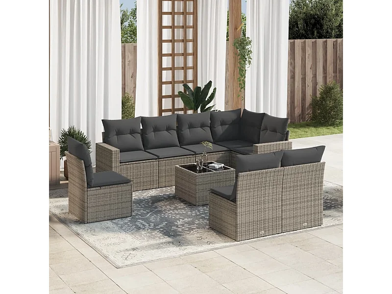 Salon de jardin 9 pcs avec coussins gris résine tressée