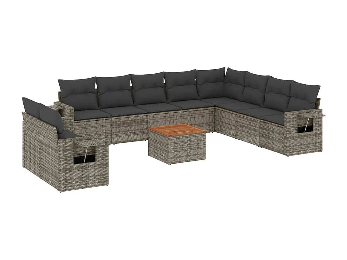 11 muebles de jardín con cojines de resina tejida en gris.