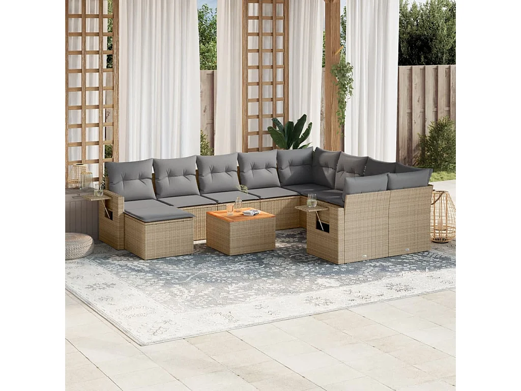 Salon de jardin 11 pcs avec coussins beige résine tressée