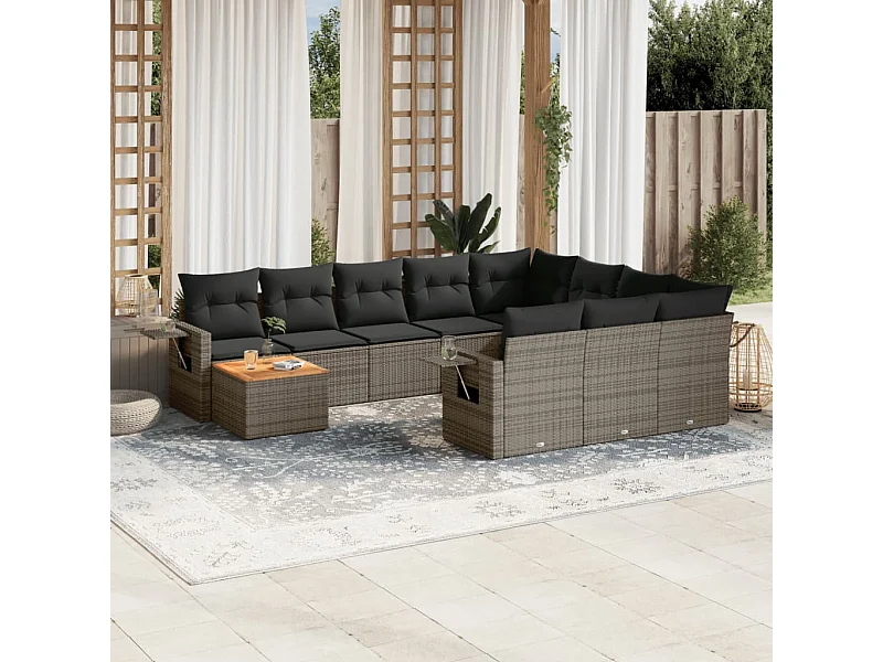 Salon de jardin 11 pcs avec coussins gris résine tressée
