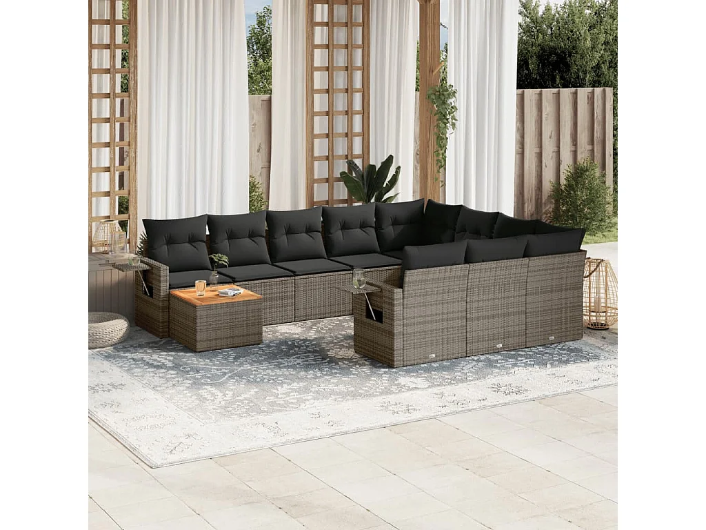 Salon de jardin 11 pcs avec coussins gris résine tressée