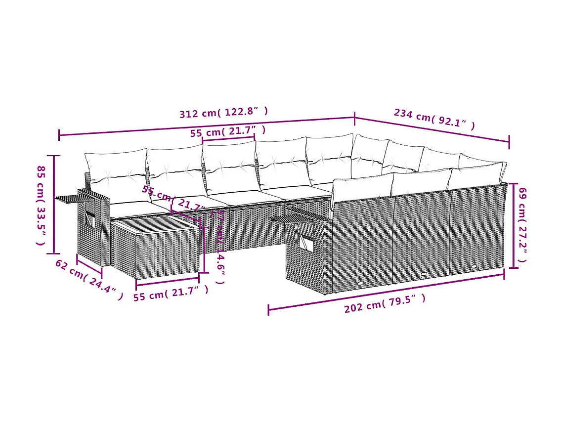 Salon de jardin 11 pcs avec coussins gris résine tressée