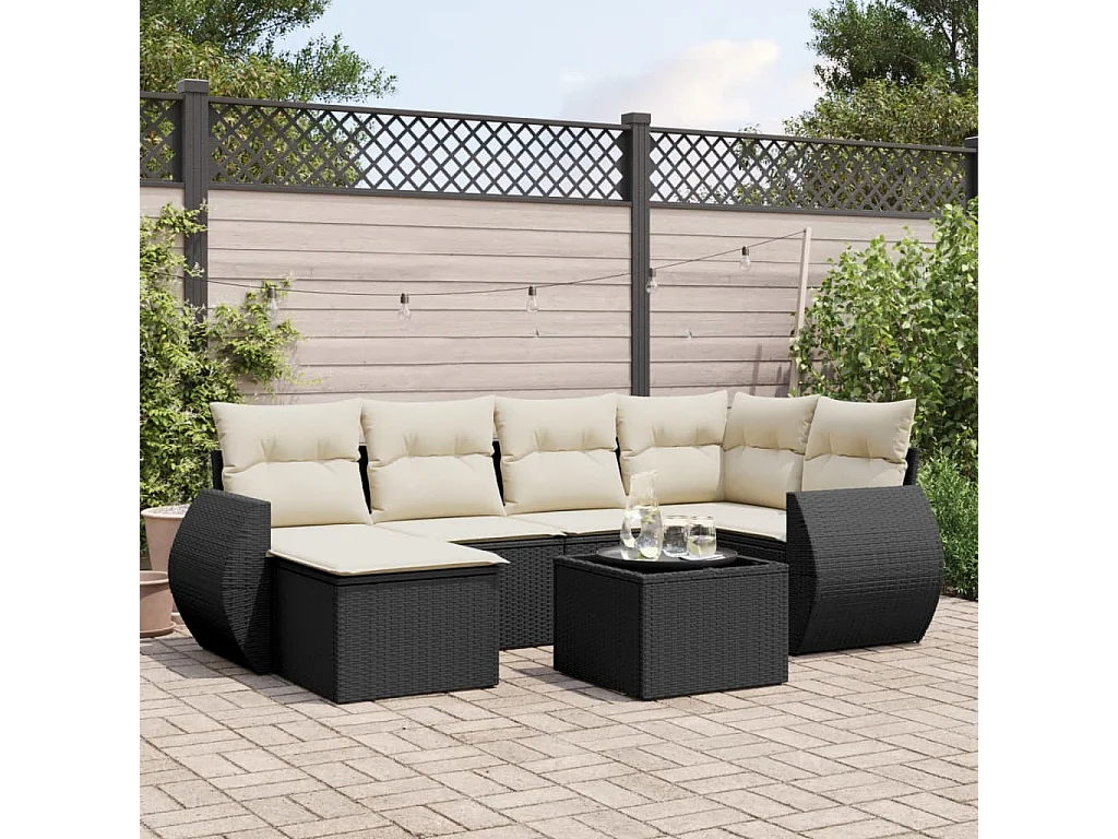 Salon de jardin 7 pcs avec coussins noir résine tressée