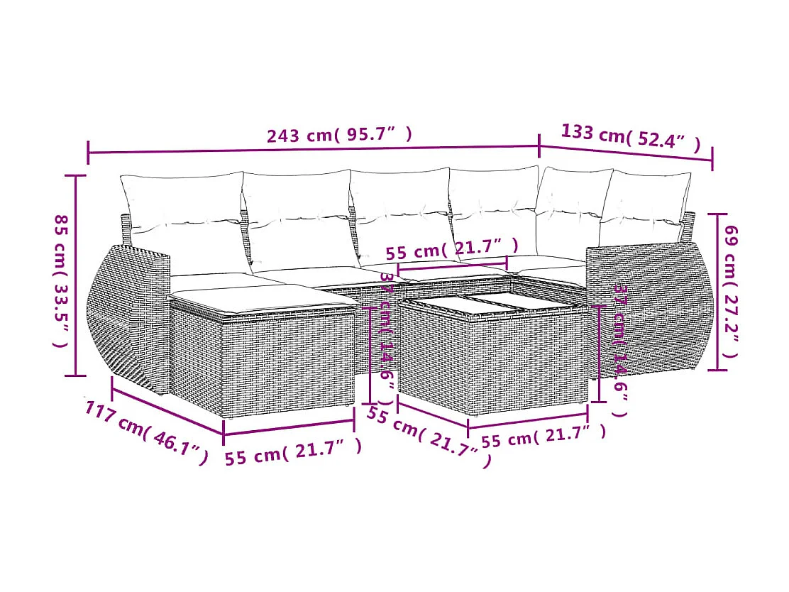 Salon de jardin 7 pcs avec coussins noir résine tressée