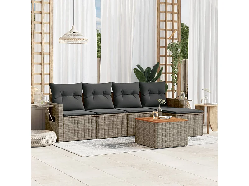 Salon de jardin 6 pcs avec coussins gris résine tressée