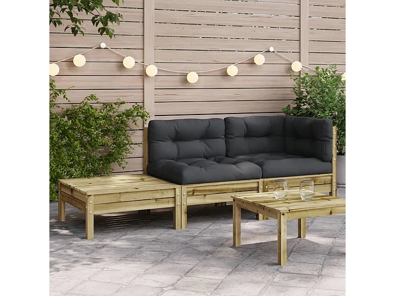 Divano da giardino con cuscini e poggiapiedi in legno di pino impregnato