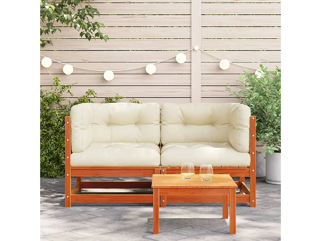 Canapés d'angle de jardin coussins 2 pcs cire marron pin massif