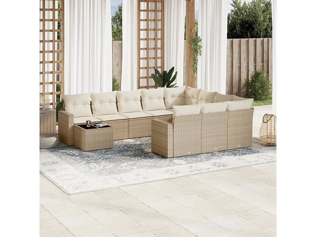 Mobili da giardino 11 pezzi con cuscini in resina intrecciata beige