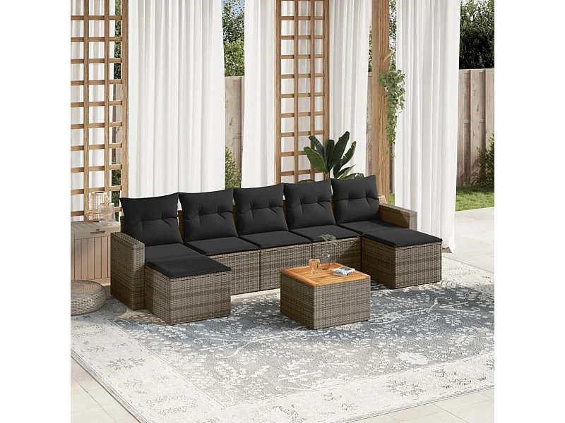 Salon de jardin 8 pcs avec coussins gris résine tressée