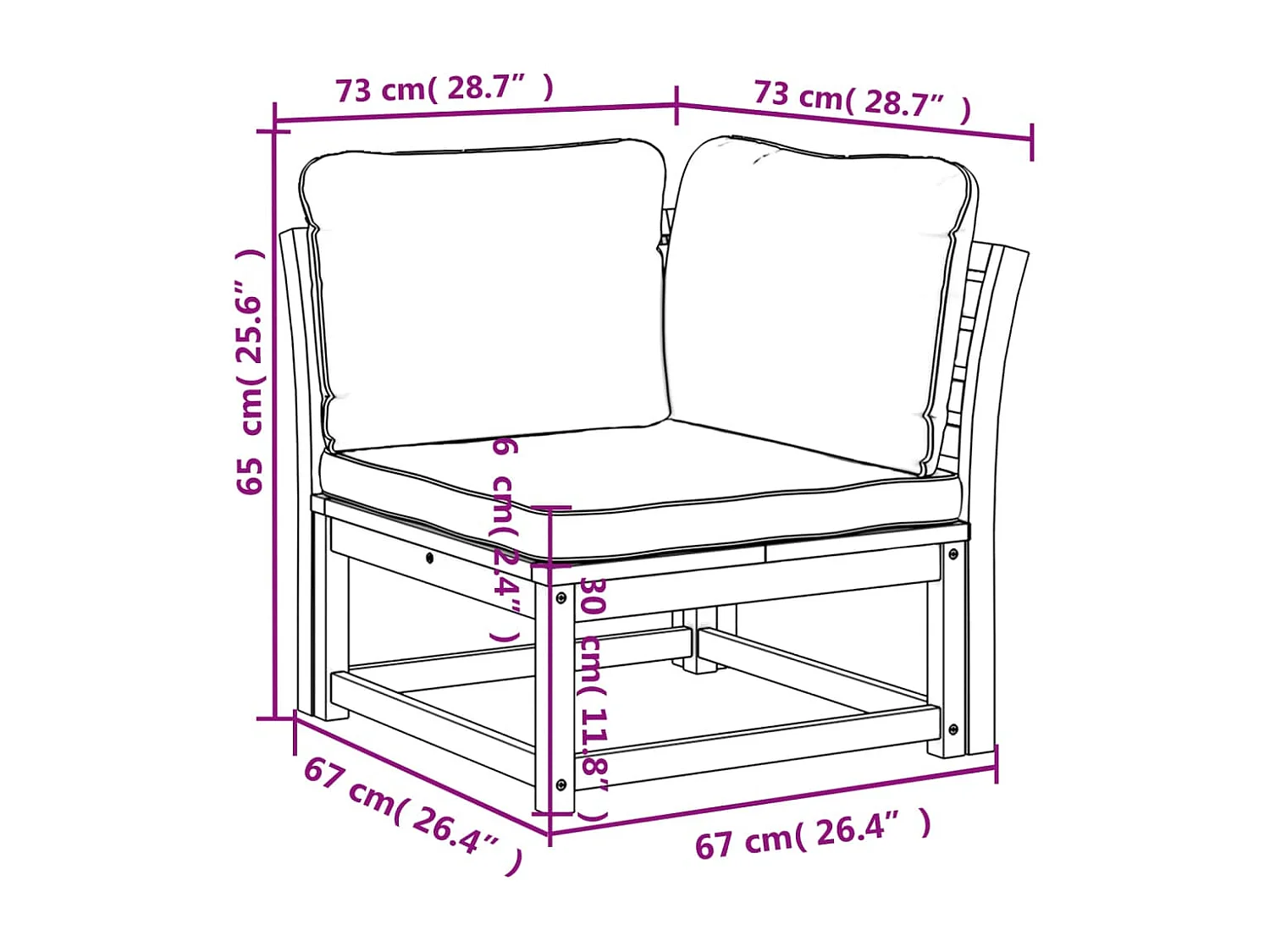 Canapé d'angle de jardin coussins 73x73x65cm bois massif acacia