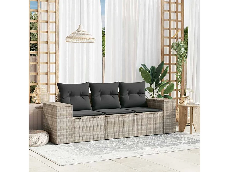 Mobile da giardino con cuscini 3 pezzi in resina intrecciata grigio chiaro