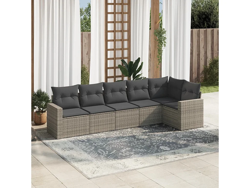 Salon de jardin 6 pcs avec coussins gris résine tressée