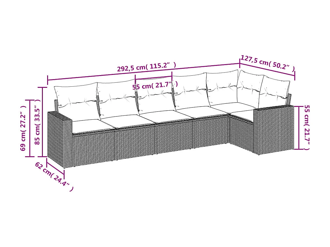Salon de jardin 6 pcs avec coussins gris résine tressée