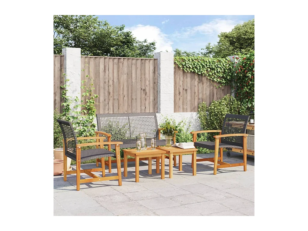 Salon de jardin 5 pcs noir résine tressée et bois d'acacia