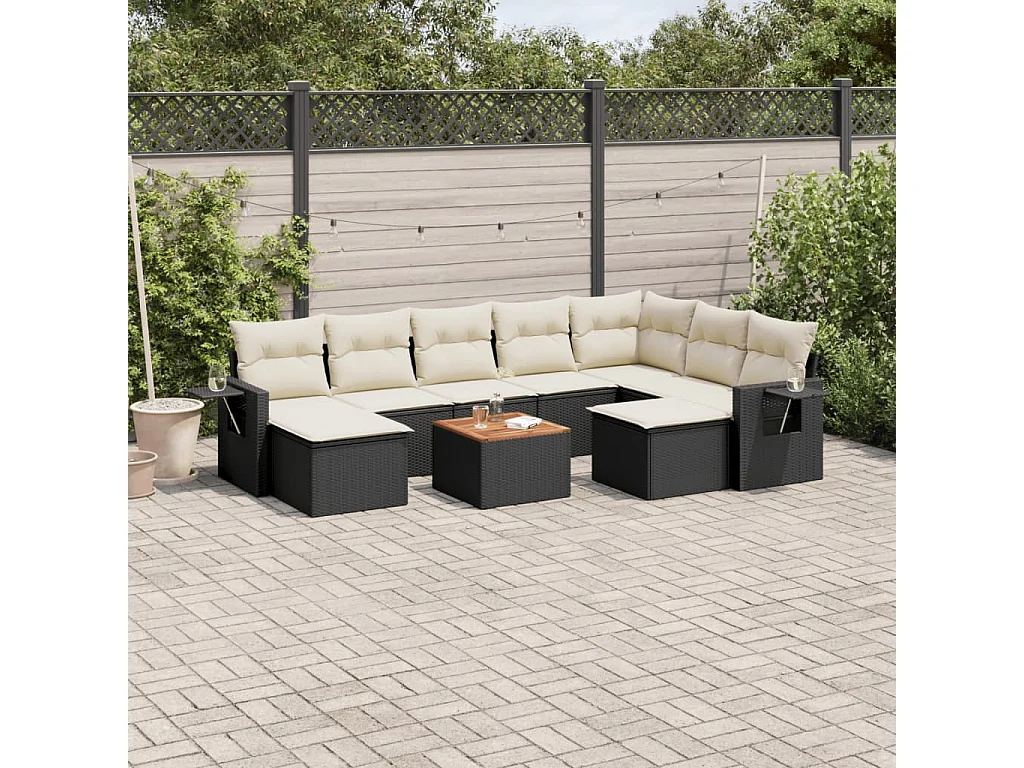 Mobili da giardino 10 pezzi con cuscini in resina intrecciata nera