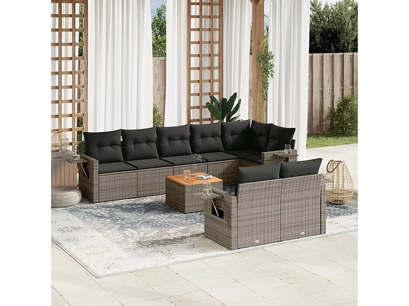 Salon de jardin 9 pcs avec coussins gris résine tressée