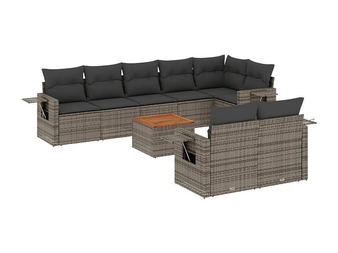 Salon de jardin 9 pcs avec coussins gris résine tressée