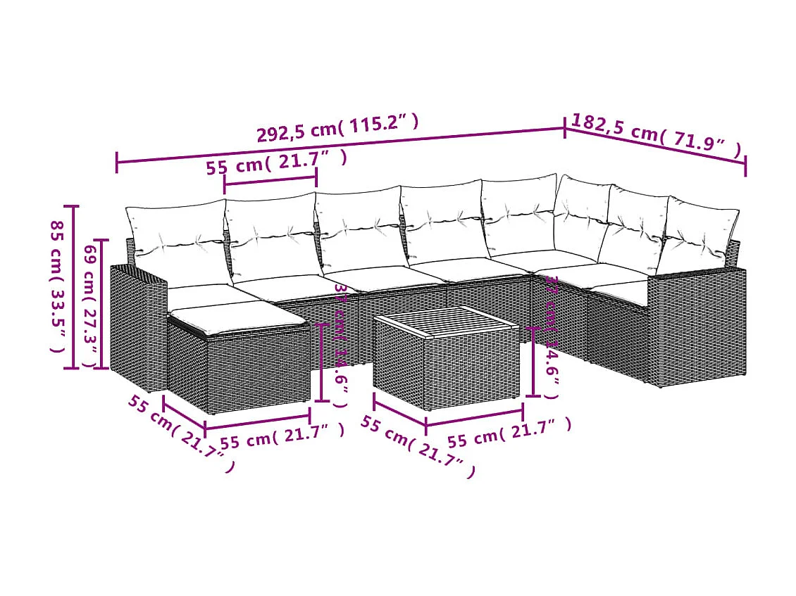 Salon de jardin avec coussins 9 pcs beige résine tressée