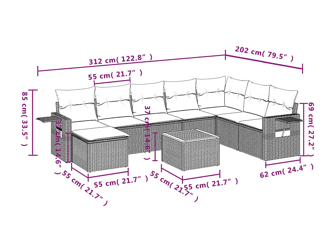 Salon de jardin 9 pcs avec coussins noir résine tressée