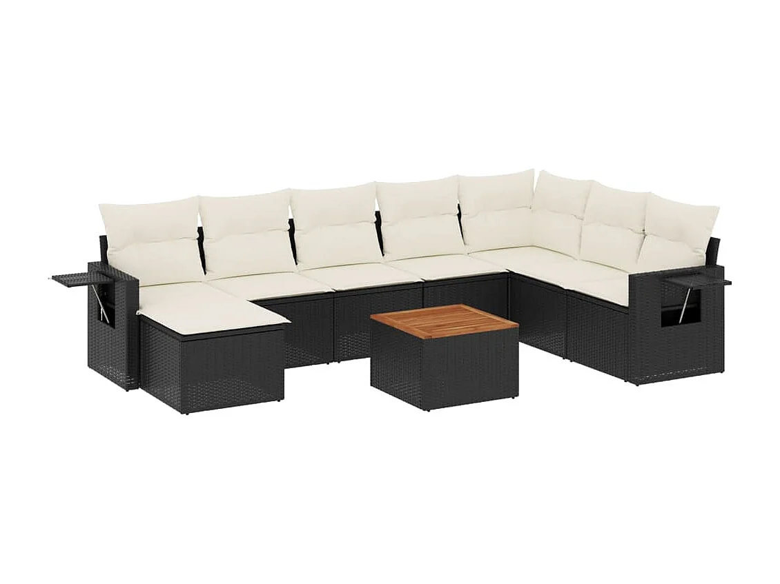 Salon de jardin 9 pcs avec coussins noir résine tressée