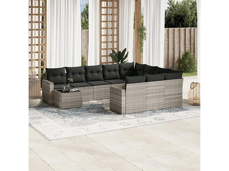 Mobili da giardino 11 pezzi con cuscini in resina intrecciata grigio chiaro