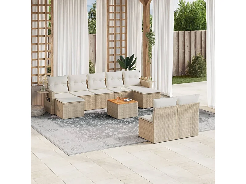 Mobile da giardino con cuscini 10 pz in resina intrecciata beige