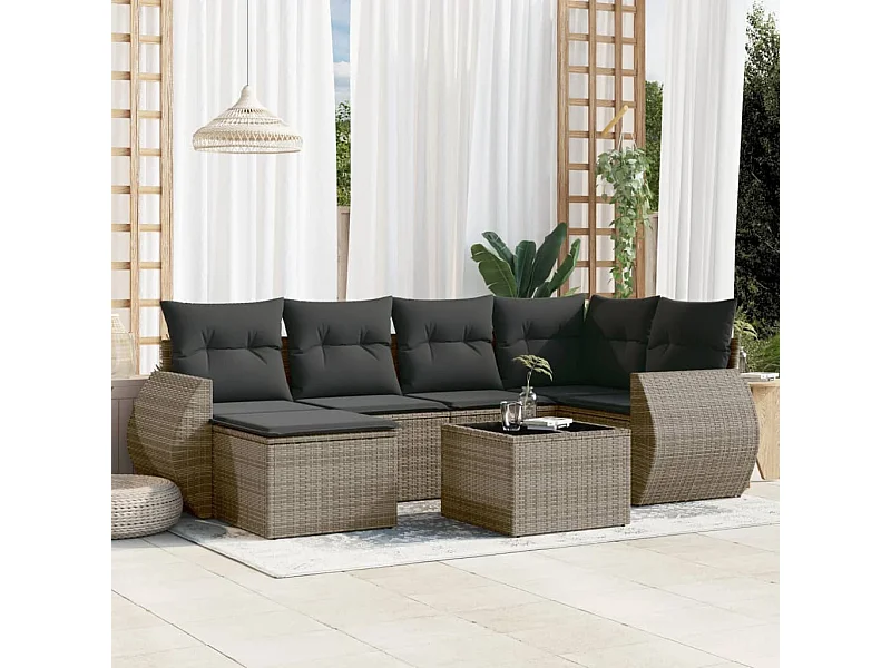 Muebles de jardín con cojines 7 piezas resina tejida gris.