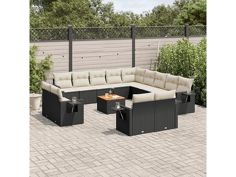 Salon de jardin avec coussins 14 pcs noir résine tressée