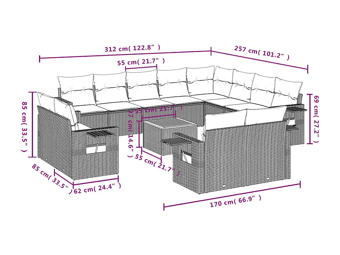 Muebles de jardín con cojines 13 piezas resina tejida beige
