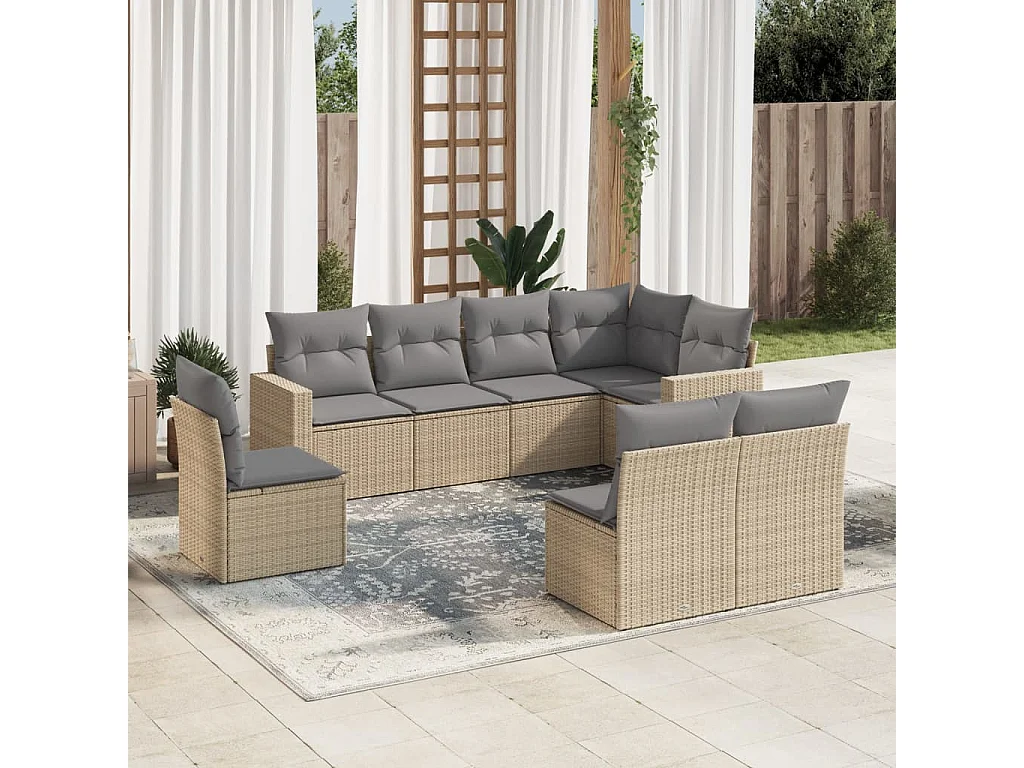 Mobile da giardino con cuscini 8 pz in resina intrecciata beige