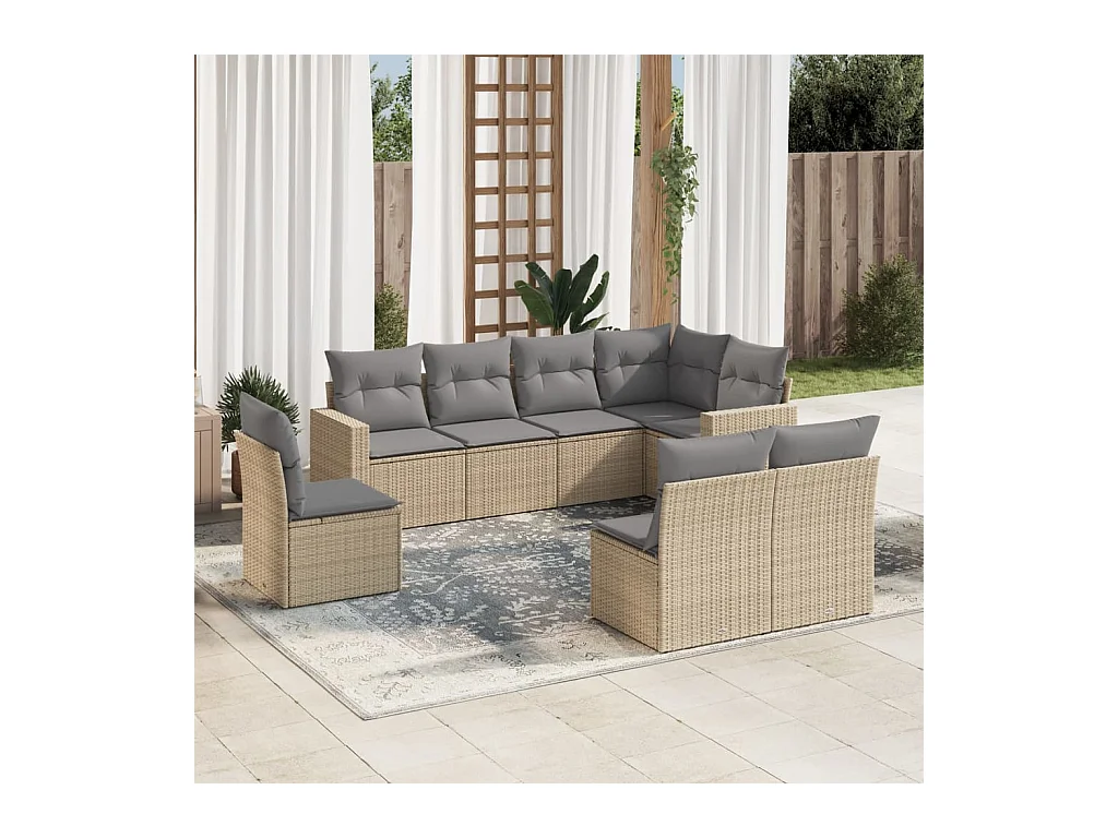 Salon de jardin avec coussins 8 pcs beige résine tressée