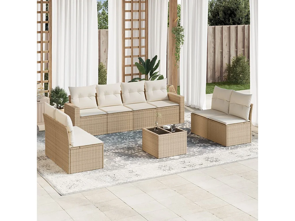 Salon de jardin avec coussins 9 pcs beige résine tressée