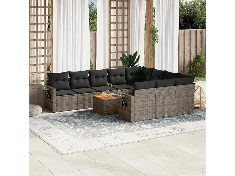 Salon de jardin 11 pcs avec coussins gris résine tressée