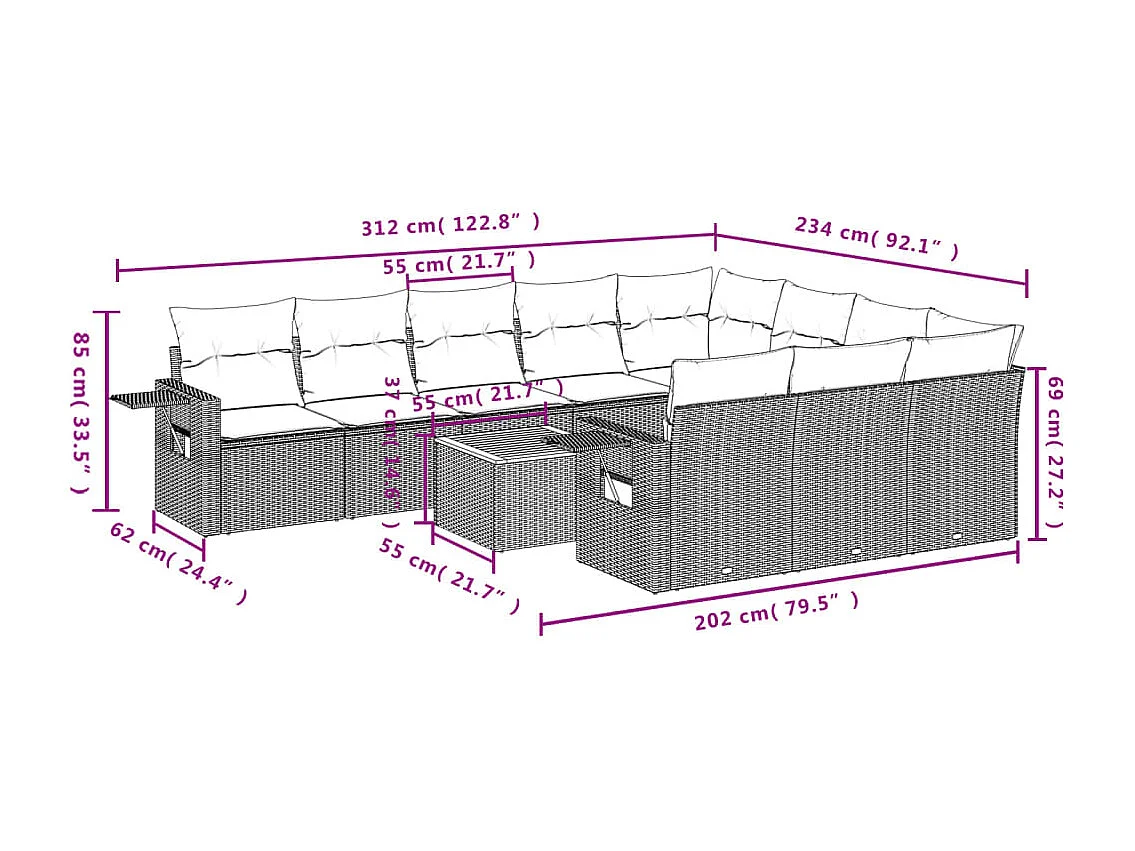 Salon de jardin 11 pcs avec coussins gris résine tressée
