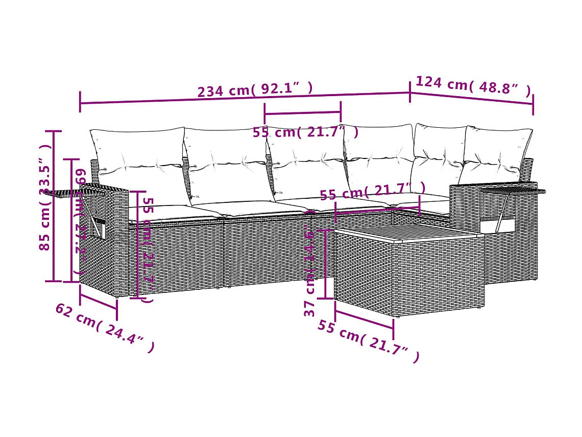 Salon de jardin 6 pcs avec coussins gris résine tressée