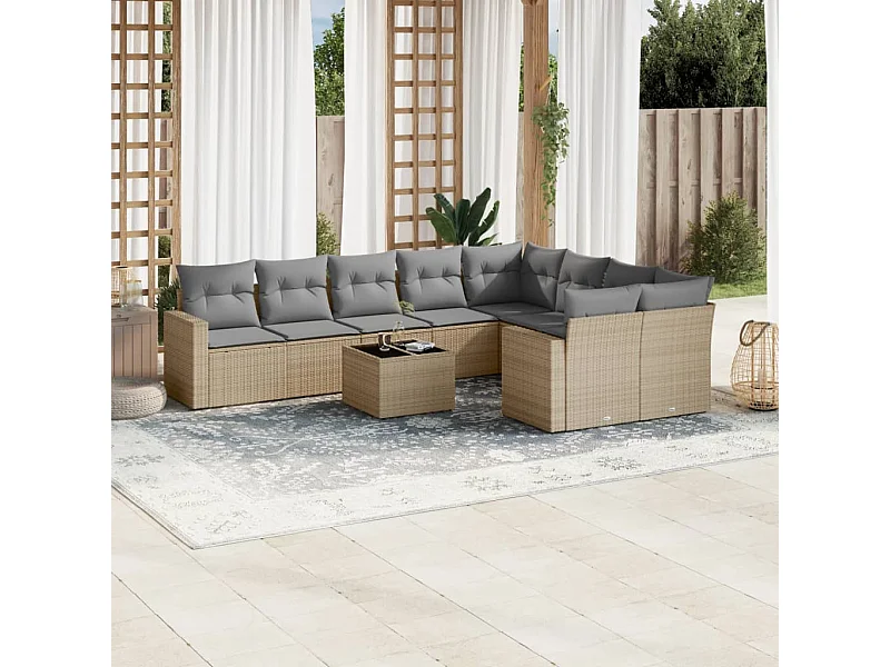 Salon de jardin avec coussins 10 pcs beige résine tressée